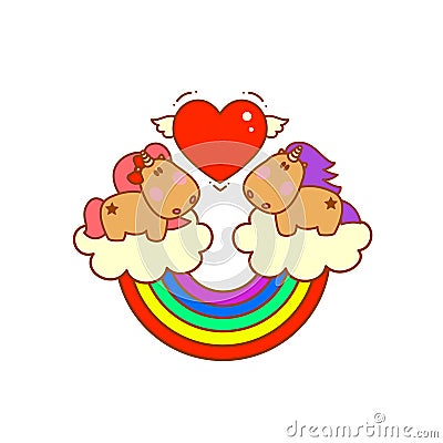 Cute magical unicorns on clouds with rainbow fall in love. Vector Illustration